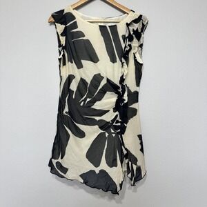 Iris Setlakwe Dress Women's 8 Black Floral Chiffon Asymmetrical Ruffle Ruched